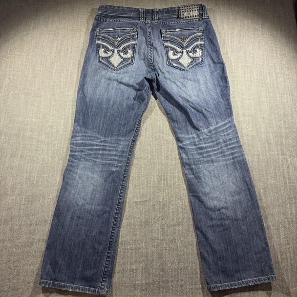 Affliction Black Premium Jeans Mens 36x32 Blue Blake Straight Buckle Distressed - Picture 7 of 9